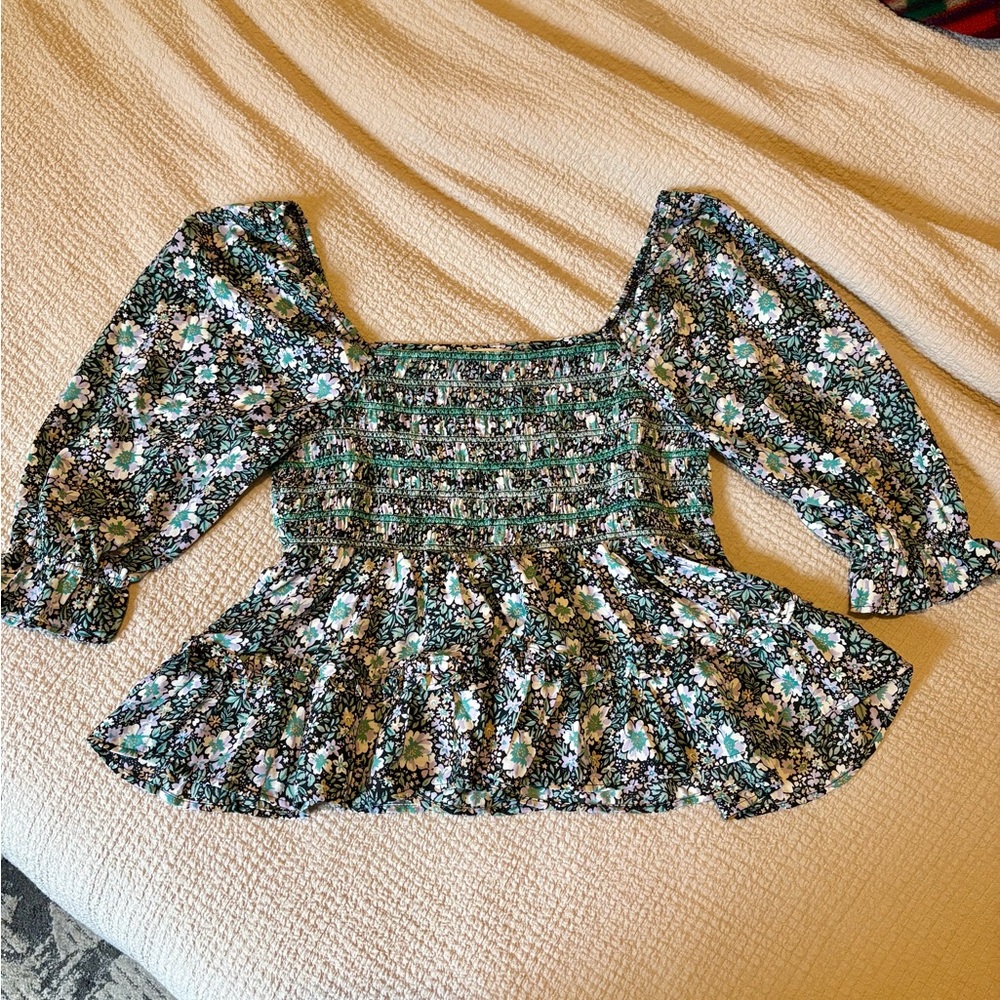 American Eagle Floral Smocked Babydoll Top